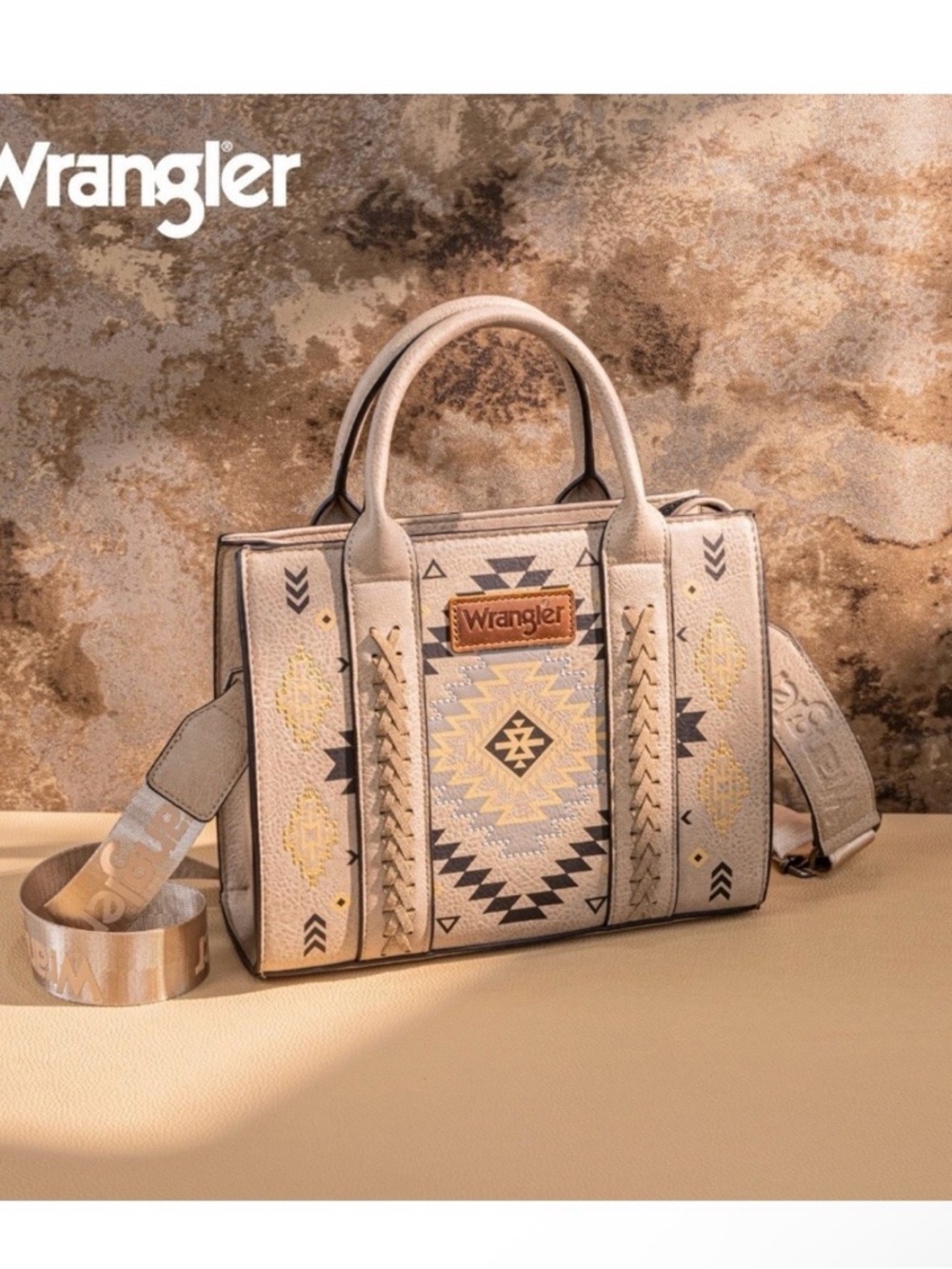 Wrangler Taupe Beige Aztec Embroidered Tote with Detachable Strap - Picture 4 of 4